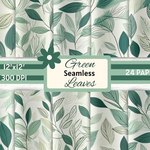 Boho Leaves Digital Paper, Green Leaves Seamless Pattern, Leaves Prints, Leaves Background, Spring Paper, Leaves Digital Paper, Scrapbook