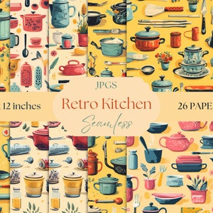 CUISINE RÉTRO, vintage, appareils de cuisine, motif répété sans couture, papier numérique imprimable, pour les arrière-plans