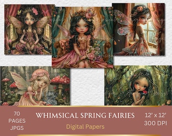 Whimsical Spring Fairies Digital Kit, Watercolor Scrapbook Paper (Digital Download)