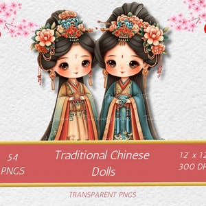 Imágenes prediseñadas de China, gráficos tradicionales de muñecas chinas png, álbum de recortes de cultura china, cheongsam Asia China, uso comercial.
