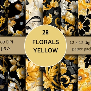 Black and Yellow Floral Digital Paper, Gold Flowers Seamless Pattern, Scrapbook paper