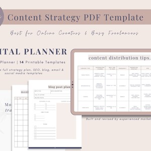 May include: A digital planner template for content creators and freelancers. The template includes a content calendar, blog post planner, and content distribution tips. The planner is designed to help users plan and organize their content strategy.