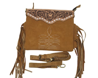 Bolso bandolera de ante color canela con flecos hecho a mano, bolso de cuero con la técnica western