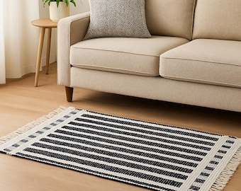 Handwoven Black & White Cotton Rug | Reversible Modern Farmhouse Area Rug (Handmade USA)