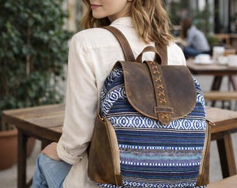 Handgefertigte Canvas & Leder Rucksack | Boho Reiserucksack | Handgemachte lässige Schultasche