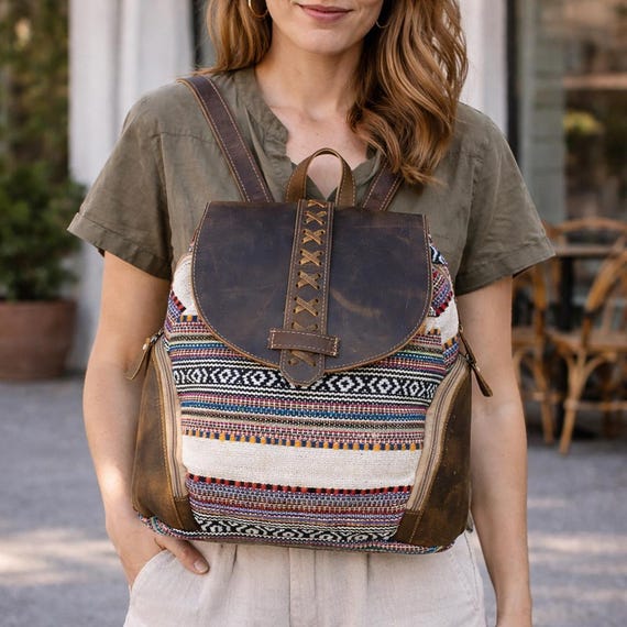 Ethnic Unbranded Handmade Leather & Woven Wool Backpack Boho Cute Bags | Ethnic Unbranded Handmade Leather Woven Wool Backpack  main image 2