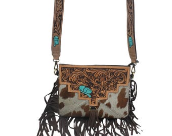 Handmade Cowhide Leather Crossbody Bag: Tooled Floral Cowgirl Purse