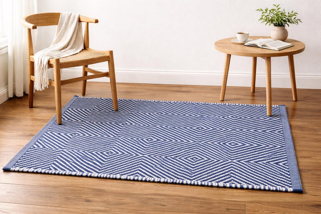 Handwoven Cotton Rug Blue White Diamond Pattern Geometric Area Rug Boho ...