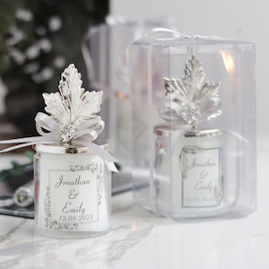 Personalized Candle Favors for Wedding, Luxury Favors with Sycamore Leaf Lid, Elegant Favors for Guests, Bridal Shower Favors