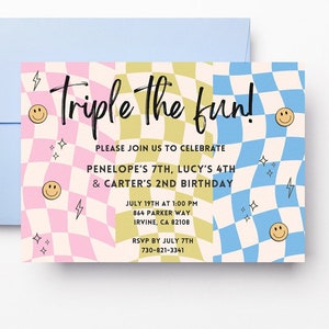 Triple Birthday Invitation, Sibling Birthday, Triplet Birthday Invitation, Joint Birthday Invite, Triple the Fun, Joint Invitation, Editable