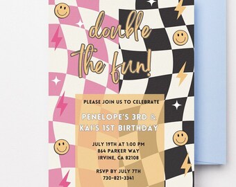 Double the Fun Birthday Invitation Template, Twin Birthday Invitation, Joint Birthday Invite, Coed Kids Birthday, Boy Girl Joint Party