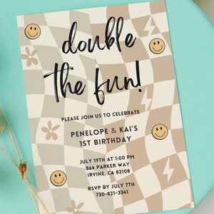 Double the Fun Birthday Invitation Template, Twin Birthday, Joint Birthday Invite, Neutral Birthday, Twins Neutral, Brother Sister Party