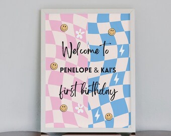Twins Birthday Welcome Sign, Double the Fun Birthday, Twins First Birthday, Joint Birthday, Sibling Birthday, Boy Girl Twins Fun Birthday