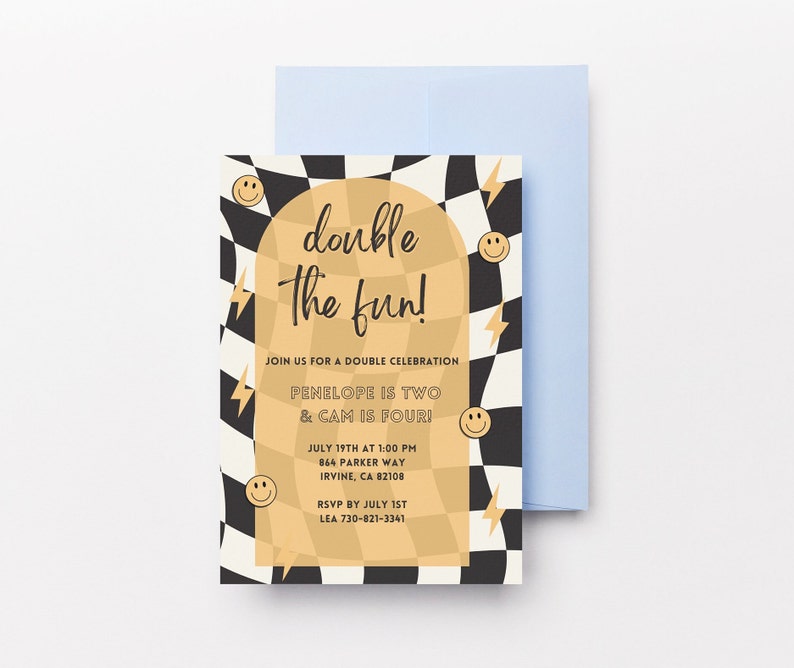 May include: A yellow and black chequered birthday invitation with a black archway and the text "double the fun!"  Join us for a double celebration Penelope is two & Cam is four! July 19th at 1:00 PM 864 Parker Way Irvine, CA 82108 RSVP by July 1st Lea 730-821-3341.