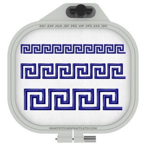 May include: An embroidery hoop displays three blue Greek key border designs. The designs are in varying sizes and are stitched on white fabric. The text on the hoop reads: .DST .EXP .HUS .JEF .PES .VIP .VP3 .XXX .100 and HEARTSTITCHESCRAFTS.ETSY.COM.