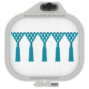 May include: A machine embroidery design featuring a row of five turquoise tassels. The tassels are connected by a decorative, openwork design. The design is displayed within a white embroidery hoop. Text at the top and bottom of the image.