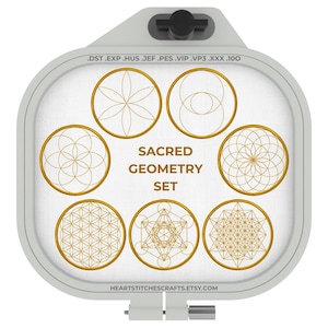 May include: An embroidery hoop displays gold geometric designs, such as a flower and Metatron's Cube. The text "SACRED GEOMETRY SET" is in the centre. The Etsy shop name is at the bottom of the image.