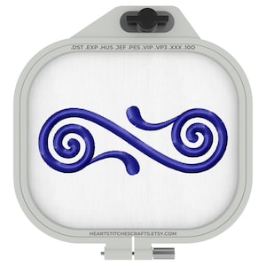 May include: A dark blue embroidered design featuring two spiral shapes connected by a curved line. The design is set against a white background within a gray embroidery hoop. Text at the top and bottom of the hoop.