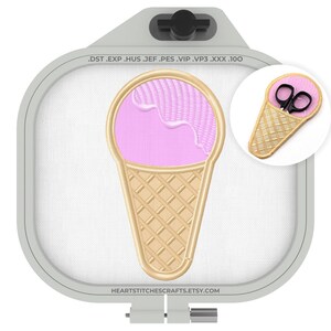 May include: An ice cream cone embroidery design with pink ice cream and a waffle cone. A smaller inset shows the cone with scissors. The design is in a hoop. The text reads .DST.EXP...HEARTSTITCHESCRAFTS.ETSY.COM.
