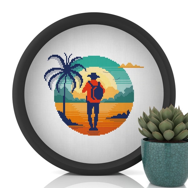 Wanderlust Explorer Cross Stitch Pattern - Man with Hat and Backpack, Sunset Adventure - DIY Travel Craft - Instant Download PDF