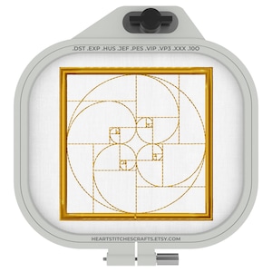 May include: An embroidery hoop with a gold-colored geometric design. The design features a series of interconnected squares and curved lines, resembling a mathematical pattern. The text "HEARTSTITCHESCRAFTS.ETSY.COM" is visible at the bottom.