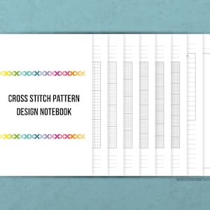 May include: A white notebook with the text "CROSS STITCH PATTERN DESIGN NOTEBOOK" and a colorful border of cross stitches. The notebook has 10 pages of graph paper for designing cross stitch patterns.
