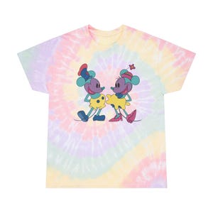 Camiseta de Minnie y Mickey, estilo pop art vintage, diseño retro con efecto tie-dye, regalo ideal para parejas, camiseta de parque, inspirada en los años 90 y 80, dibujada a mano.