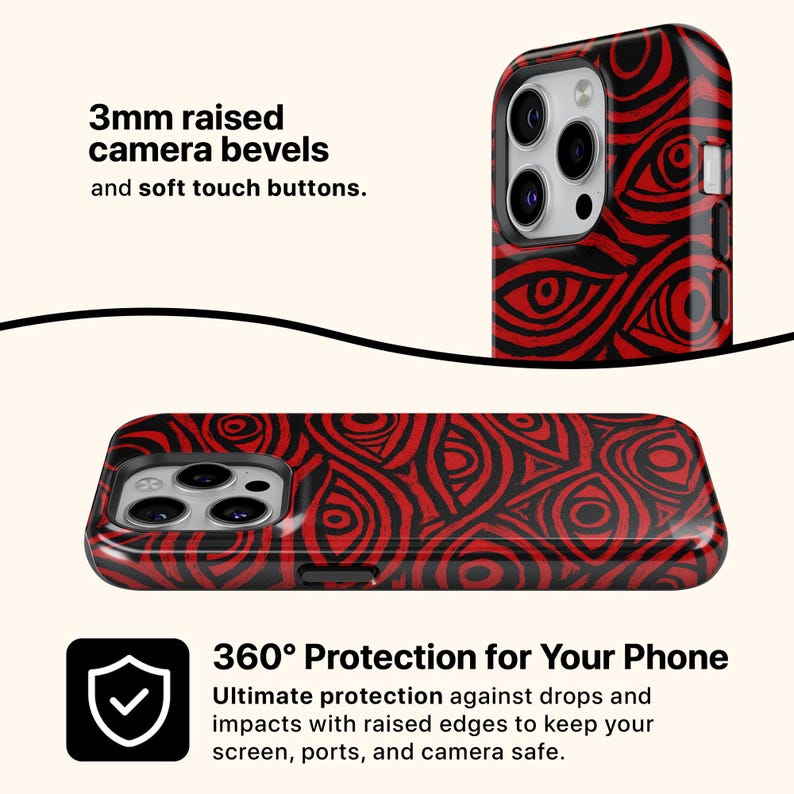 Puede incluir: Una funda para tel&eacute;fono con un patr&oacute;n de ojos negros y rojos. La funda tiene biseles de c&aacute;mara elevados de 3 mm y botones de tacto suave. Tambi&eacute;n se muestra el texto "360&deg; Protection for Your Phone".