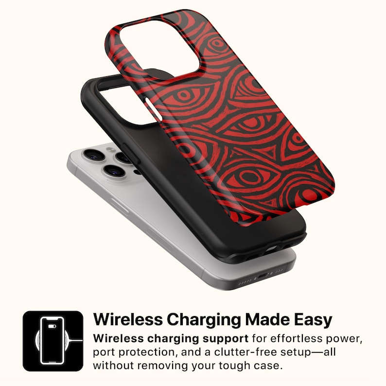 Puede incluir: Una funda de tel&eacute;fono con un dise&ntilde;o de patr&oacute;n de ojos rojos y negros. La funda se muestra en capas, con una funda interior negra y una funda exterior con estampado rojo. El tel&eacute;fono es plateado. Tambi&eacute;n se ve el texto "Wireless Charging Made Easy".