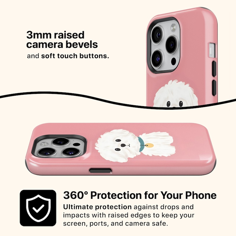 K&ouml;nnte beinhalten: Rosa Handyh&uuml;lle mit einer Illustration eines Bichon Frise Hundes. Die H&uuml;lle hat 3 mm erh&ouml;hte Kamerar&auml;nder und Soft-Touch-Tasten. Der Text "360&deg; Protection for Your Phone" ist ebenfalls zu sehen.