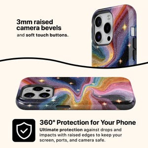 May include: A phone case with a swirling galaxy design in shades of blue, pink, orange, and gold. The case features 3mm raised camera bevels and soft touch buttons. The text reads "360&deg; Protection for Your Phone".