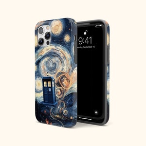 Doctor Who TARDIS iPhone Cases, Van Gogh Starry Night Inspired iPhone Case, Whovian Covers, For iPhone 14 13 12 Mini XR 7 8 Case, Police Box