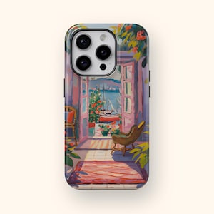 May include: A phone case with a colorful painting of a room with an open door and a view of a seascape with boats. The room has a chair, a rug, and plants.