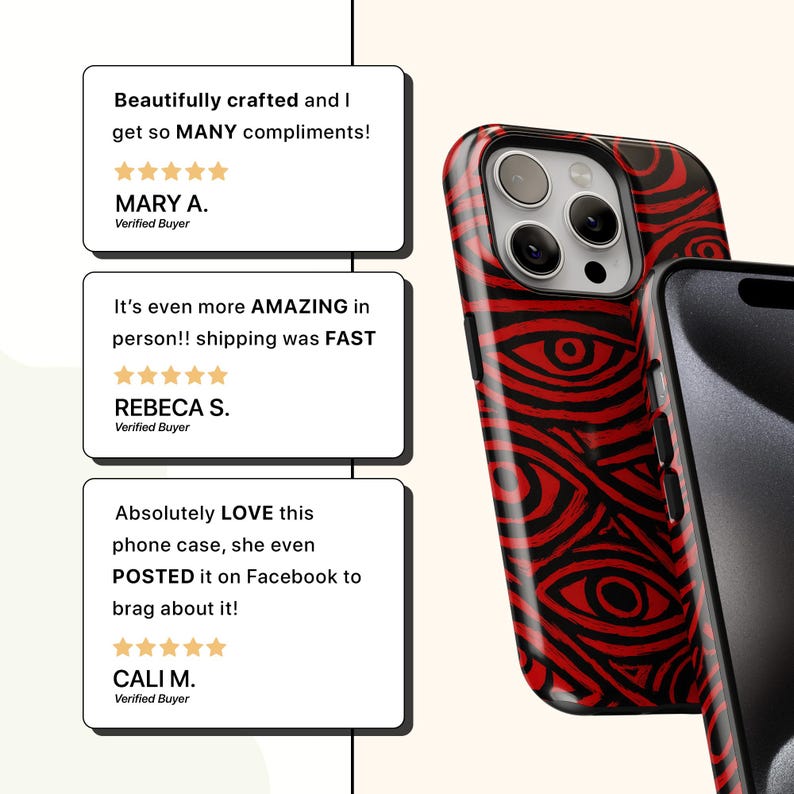 Puede incluir: Funda de tel&eacute;fono roja y negra con un dise&ntilde;o de ojos. La imagen incluye rese&ntilde;as de clientes sobre un fondo blanco. Las rese&ntilde;as destacan los cumplidos y el aspecto asombroso de la funda.