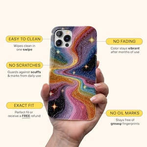 May include: A smartphone case with a colorful, swirling galaxy design in shades of pink, blue, gold, and purple. The case has a glossy finish and features text that reads "EASY TO CLEAN", "NO FADING", "NO SCRATCHES", "EXACT FIT", and "NO OIL MARKS".