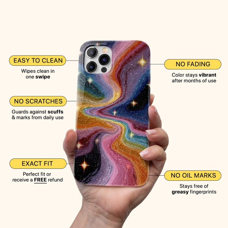May include: A smartphone case with a colorful, swirling galaxy design in shades of pink, blue, gold, and purple. The case has a glossy finish and features text that reads "EASY TO CLEAN", "NO FADING", "NO SCRATCHES", "EXACT FIT", and "NO OIL MARKS".