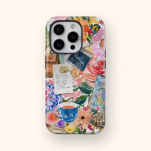 Estuche para teléfono con collage de primavera, regalo de álbum de recortes, estuche para teléfono con collage abstracto, estuche para teléfono con collage de flores colorido y coqueto de verano