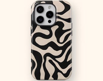 May include: A black and cream phone case with a wavy abstract pattern.