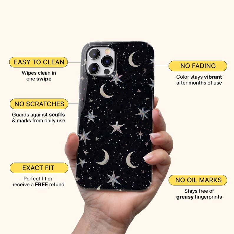 May include: Black phone case with a celestial design featuring white stars and crescent moons. The case has the text "EASY TO CLEAN", "NO SCRATCHES", "NO FADING", "EXACT FIT", and "NO OIL MARKS".