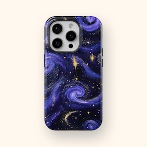 May include: A phone case featuring a galaxy design. The case is black with a swirling blue and purple galaxy pattern and gold glitter stars.