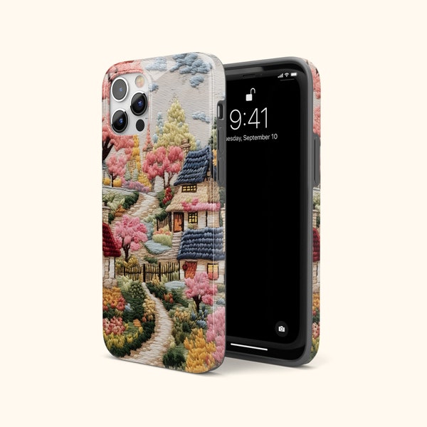 Embroidered Look Cottagecore Phone Case | 3D Textured Effect Country Village & Blooming Gardens | Artistic Floral Embroidery Sleeve | iPhone