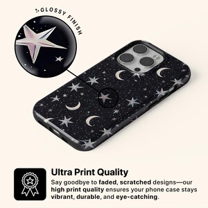 May include: Black phone case with a celestial design featuring stars and crescent moons. The case has a glossy finish and the text "Ultra Print Quality". The case is designed to be vibrant, durable, and eye-catching.
