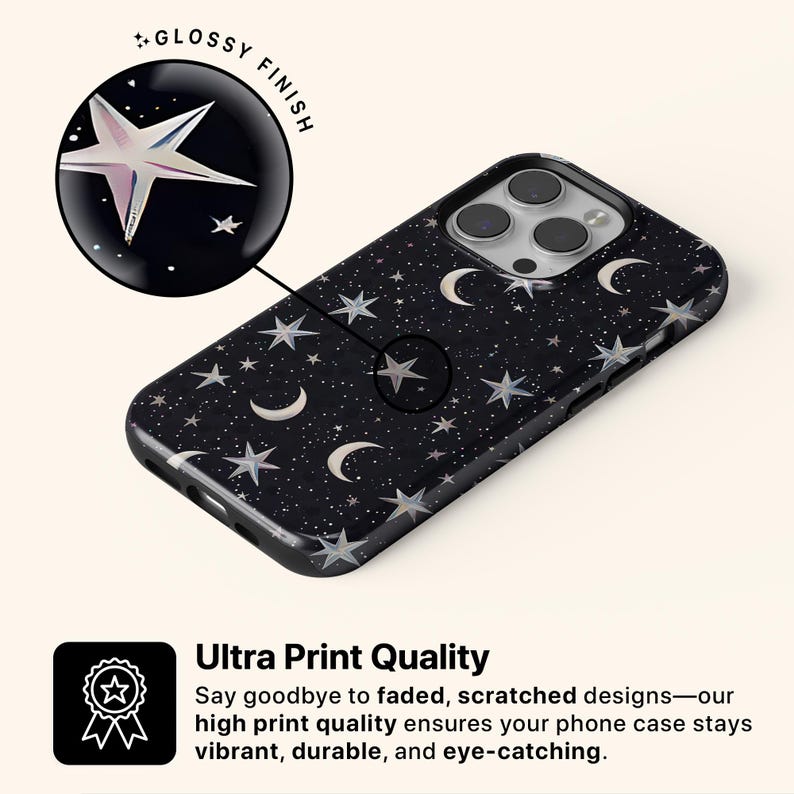 May include: Black phone case with a celestial design featuring stars and crescent moons. The case has a glossy finish and the text "Ultra Print Quality". The case is designed to be vibrant, durable, and eye-catching.