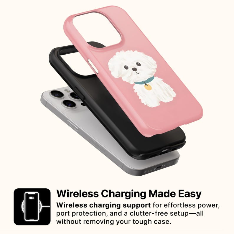 K&ouml;nnte beinhalten: Eine rosa Handyh&uuml;lle mit einer wei&szlig;en Cartoon-Hunde-Illustration, &uuml;ber einem schwarzen und silbernen Telefon. Die H&uuml;lle hat Aussparungen f&uuml;r Kamera und Kn&ouml;pfe. Der Text "Wireless Charging Made Easy" ist darunter zu sehen.