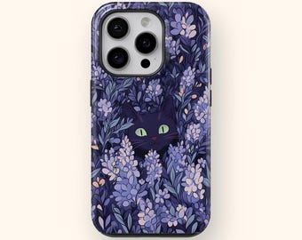 Schwarze Katze Blumen Handy Hülle Ästhetischer Lavendel Botanische Kunst Abdeckung für iPhone 16 15 14 13 12 Samsung Galaxy S24 S23 S22 S21 Geschenk himmlisch