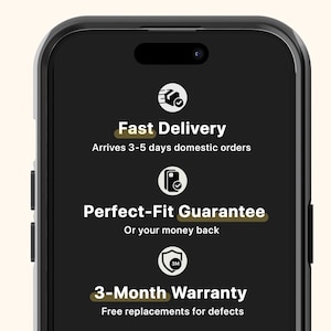 K&ouml;nnte beinhalten: Ein schwarzer Smartphone-Bildschirm zeigt Text zu Produktgarantien. Der Text enth&auml;lt "Schnelle Lieferung", "Perfekte Passform-Garantie" und "3 Monate Garantie". Das Telefon hat einen schwarzen Rahmen und eine Kameralinse oben.