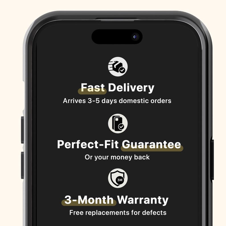 K&ouml;nnte beinhalten: Ein schwarzer Smartphone-Bildschirm zeigt Text zu Produktgarantien. Der Text enth&auml;lt "Schnelle Lieferung", "Perfekte Passform-Garantie" und "3 Monate Garantie". Das Telefon hat einen schwarzen Rahmen und eine Kameralinse oben.