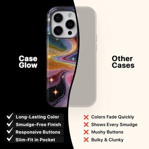 May include: A smartphone case with a colorful, swirling galaxy design. The case features a vibrant mix of blues, purples, pinks, and gold, with small star accents. Text on the image reads "Case Glow" and "Other Cases". The case is slim-fit and has responsive buttons.