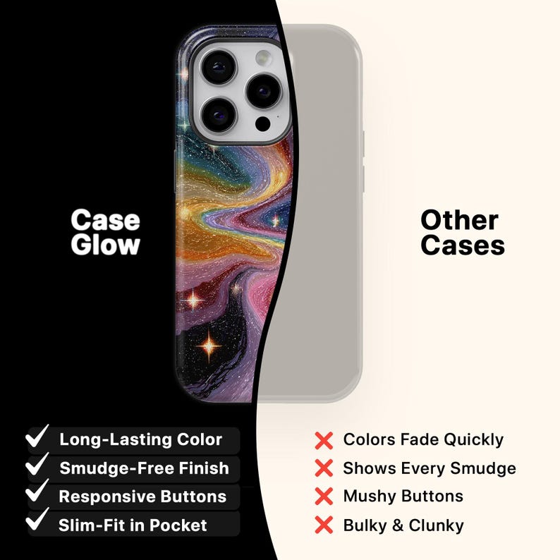 May include: A smartphone case with a colorful, swirling galaxy design. The case features a vibrant mix of blues, purples, pinks, and gold, with small star accents. Text on the image reads "Case Glow" and "Other Cases". The case is slim-fit and has responsive buttons.