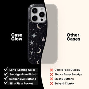May include: A black phone case with a starry night design featuring crescent moons and stars. The text "Case Glow" is on the left, and "Other Cases" is on the right. The case is shown next to a plain phone case.